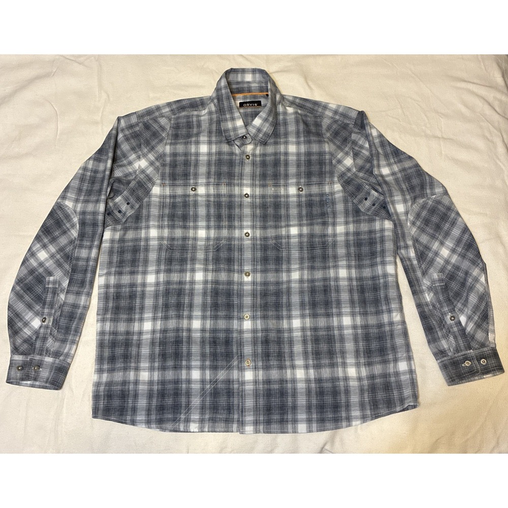 Orvis Mens XL Blue White Plaid Long Sleeve Button-up‎ Outdoor Utility Shirt